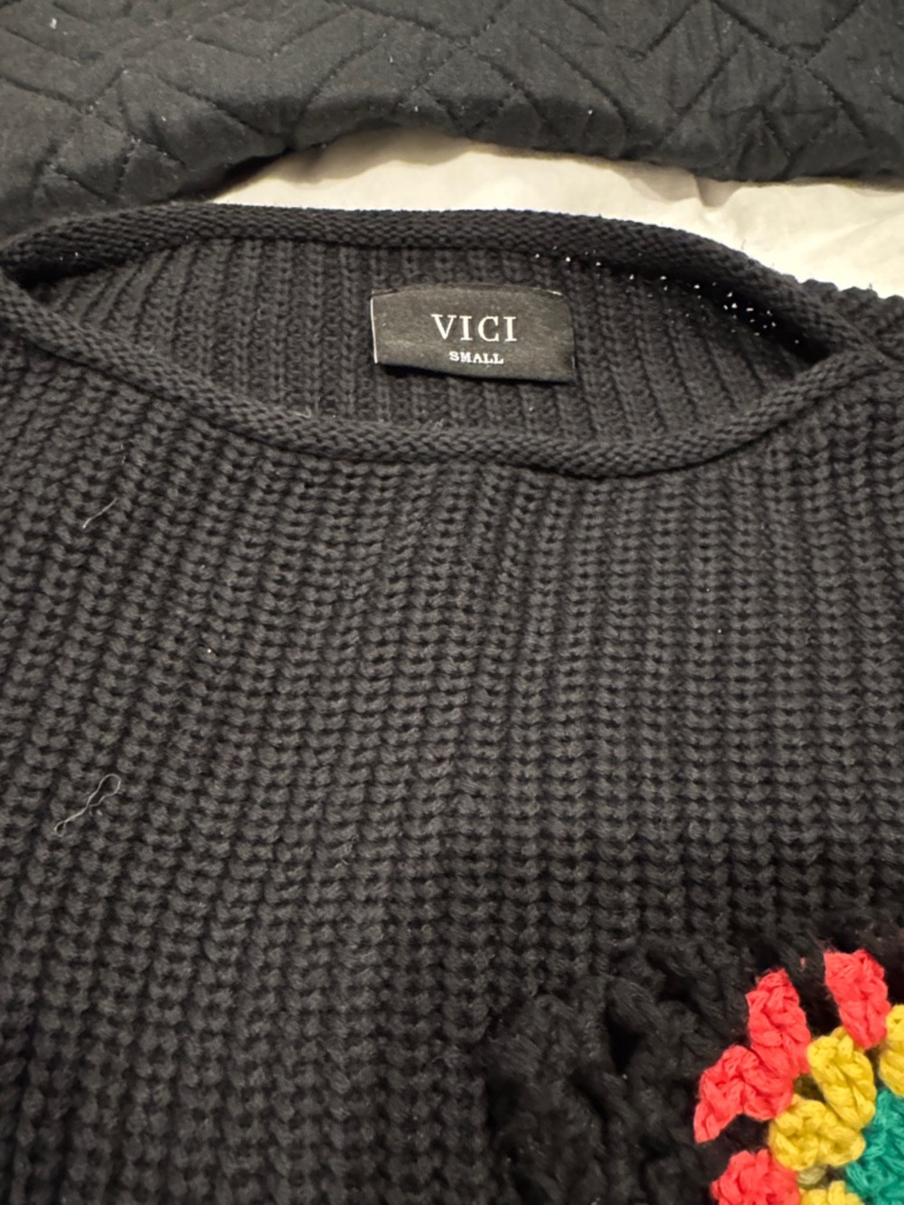 VICI Black Knit Sweater with Colorful Crochet Flower